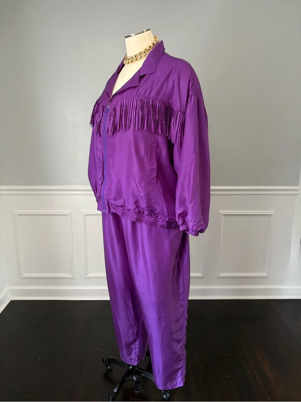 VTG Kathy White 100% Silk Fringe Tracksuit Set Purple Plus Size 4X NWT 1995